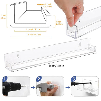 Stylish, Modern Set of 2/4/6 Packs - Acrylic Floating Bookshelf and 15 Inches Nail Polish Rack Wall Mounted Shelf with Removable