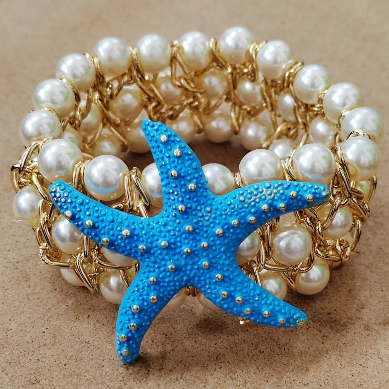 Trendy luxury  Starfish  Flower Elastic Pearl  Bracelet Bangle Jewelry For Women Party Gift