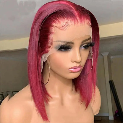 200% 13x6 Burgundy HD Transparent Short Bob Human Hair Wigs Color 99J Red Bone Straight Lace Front Wig For Women Pre Plucked