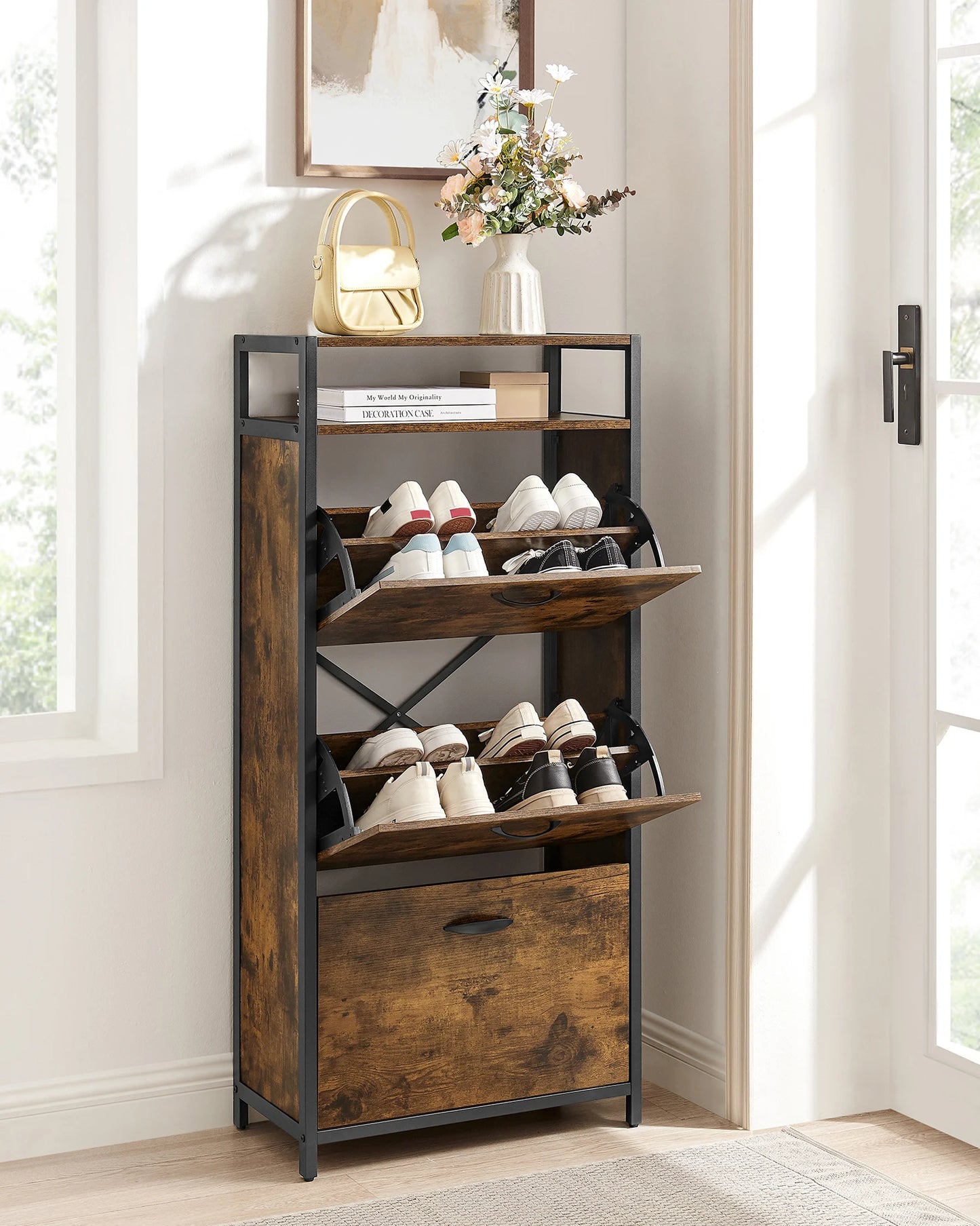 VASAGLE Shoe cabinet, high shoe storage cabinet with 3 folding doors, in the hallway for 12-18 pairs of shoes, space saving