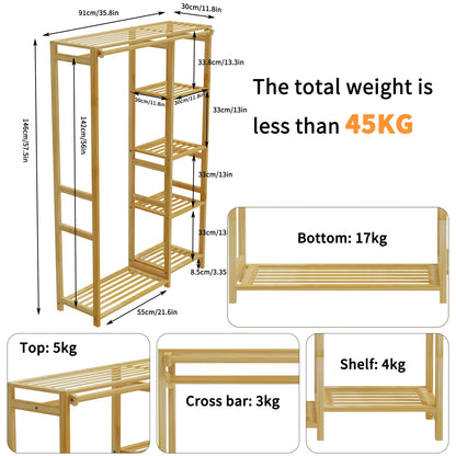 6 Tier Bamboo Garment Rack Open Wardrobe Closet Stand Storage Shelves with Hanging Cover Clothing Hanging Organizer