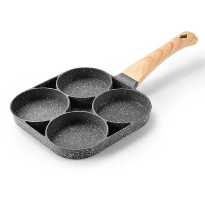 UPORS 4 Hole Frying Pan Non Stick Breakfast Burger Egg Pancake Maker Wooden Handle Medical Stone Four Hole Omelet Pan