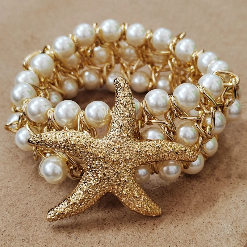 Trendy luxury  Starfish  Flower Elastic Pearl  Bracelet Bangle Jewelry For Women Party Gift