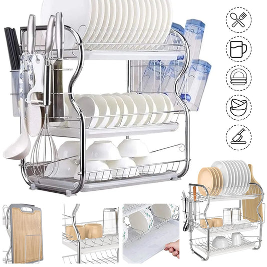 3 Tier Dish Drainer Rack Kitchen Storage Rack with Sink Rack Drip Tray Countertop Cutlery Storage Holder