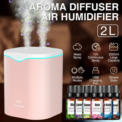 2L Double Spray Humidifiers with LED light Cool Mist Auto Shut-Off Humidifier Portable Desk Humidifiers for Bedroom Home Room