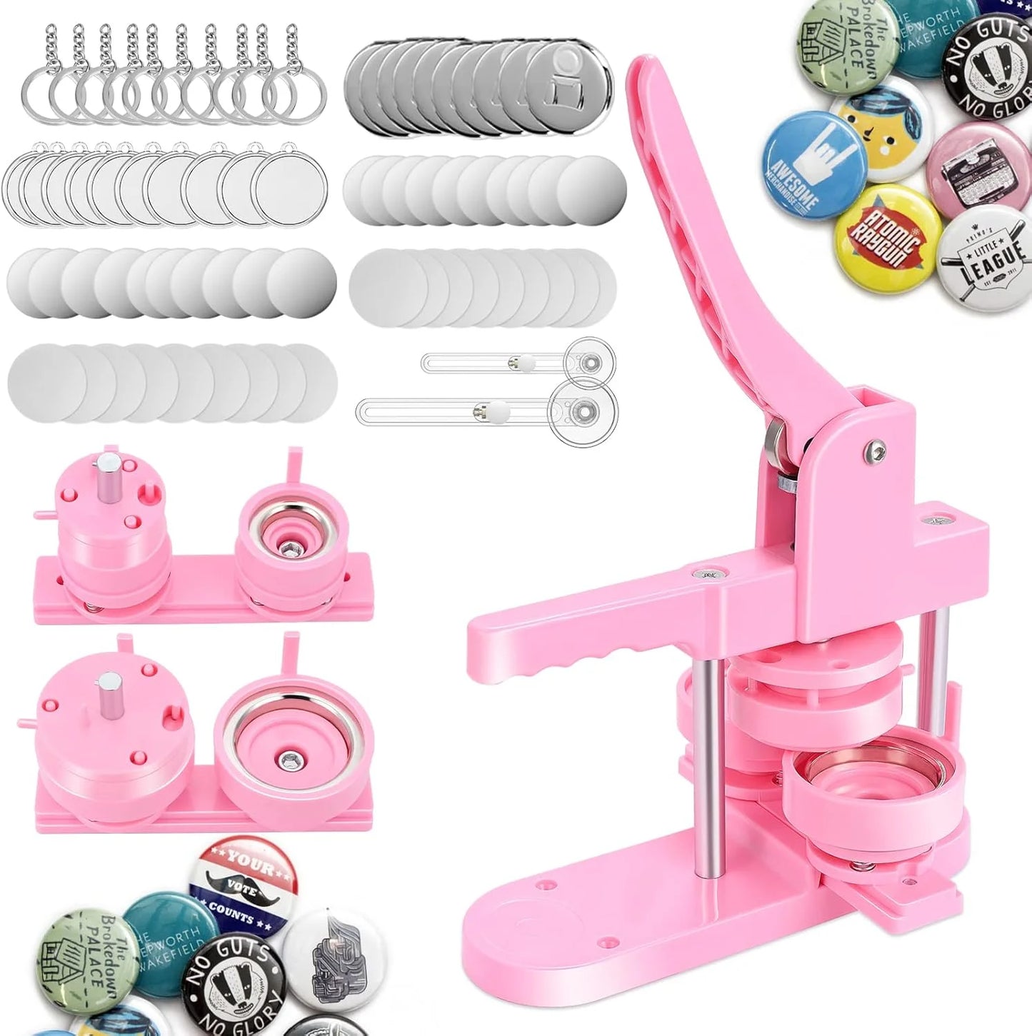 DIY Badge Press Machine with Molds 32+58 mm200 Plastic Badge Sets Round Paper Cutter 10 Bottle Openers & 10 Key Chains