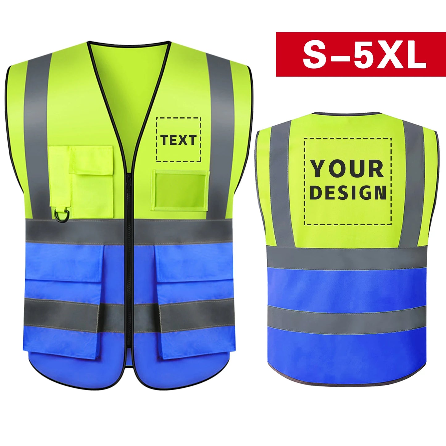 S-5XL Custom LOGO Safety Vest Reflective Vest with Pockets and Zipper High Visibility Construction Vest Workwear