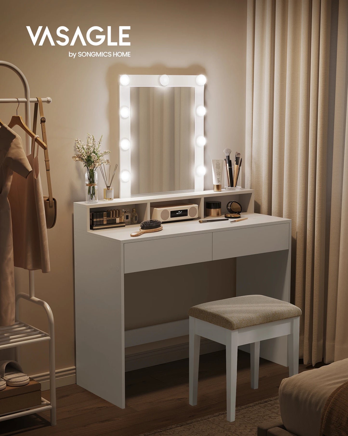 VASAGLE Dressing Table, LED Lights with Adjustable Brightness, Vanity Table with Mirror, 2 Drawers and 3 Compartments