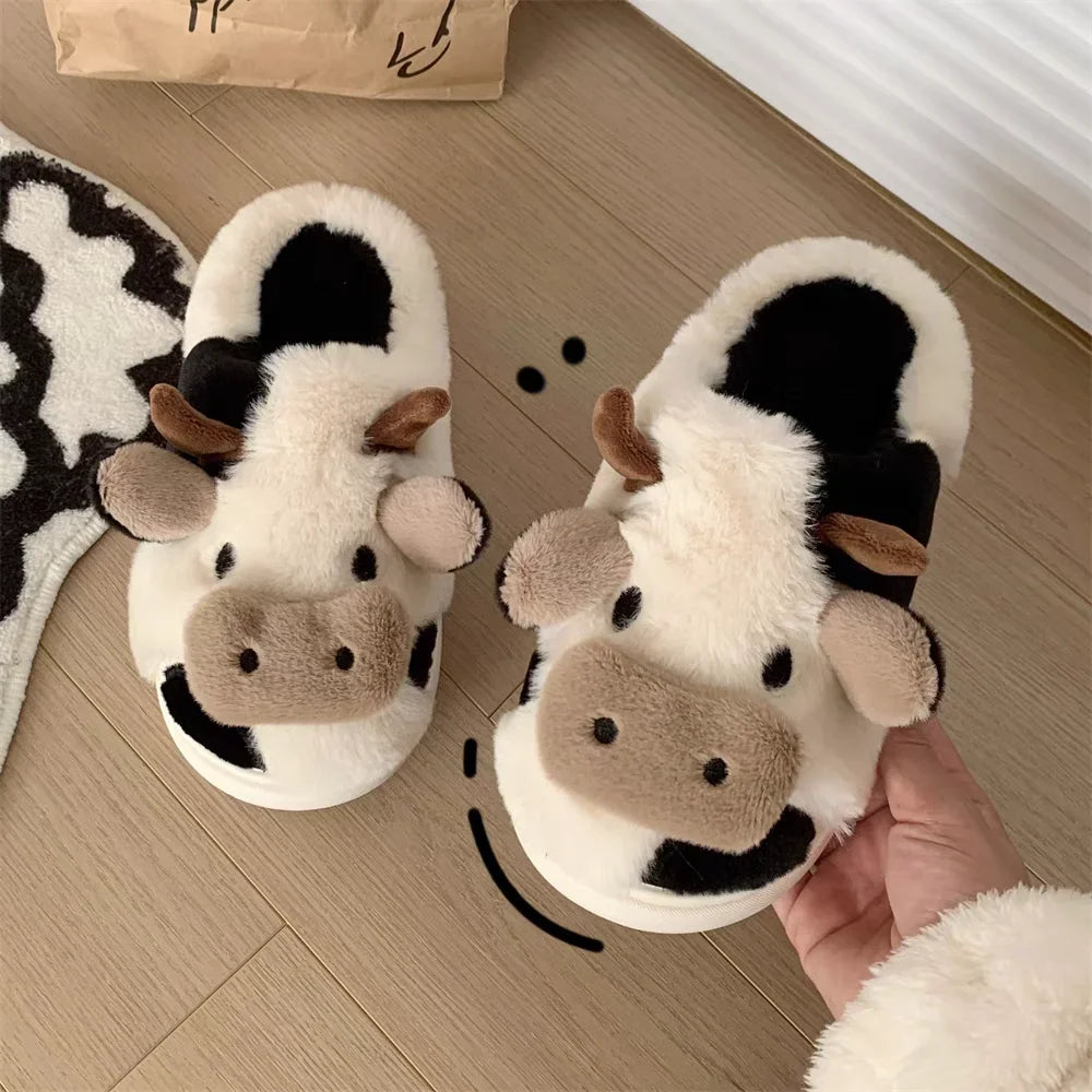 2024 Winter Warm Milk Cow Women Slippers Men Cute Soft Plush Sandals Adults Lovely Non-slip Flip Flops Couples Home Flat Slides