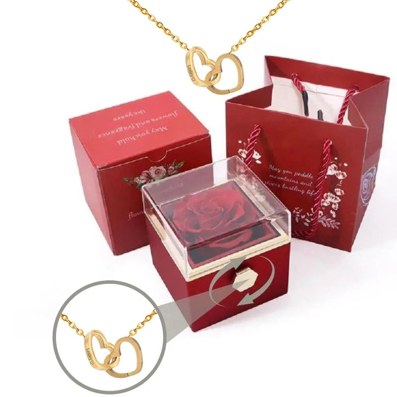 PolishedPlus Custom Names Heart Necklace Personalized Jewelry Rotating Rose Box Pendant Chain For Women Wife Valentine's Day