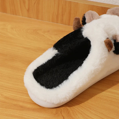 New Winter Unisex Cartoon Cow Warm Plush Slippers Couple's Indoor Non-slip House Slides Men And Women Toe Wrap Home Cotton Shoes