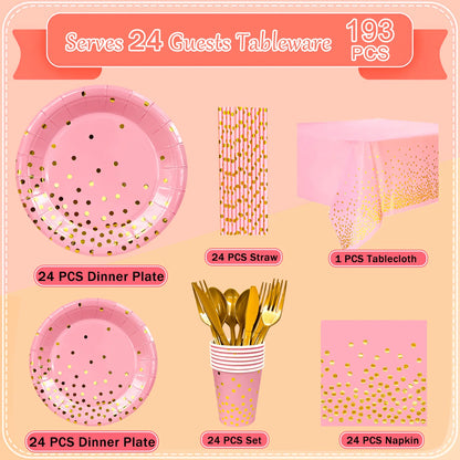 Pink and Gold Party Supplies 193 pcs/Serves 24 Pink and Gold Birthday Dinnerware Set- Pink and Gold Birthday Plates Cups etc