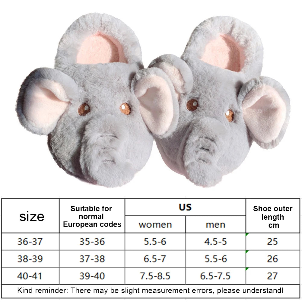 Plush Elephant Slippers Slip-on House Shoes Cute Thermal Home Slippers Comfortable Fluffy Couple Slippers Non-Slip for Men Women