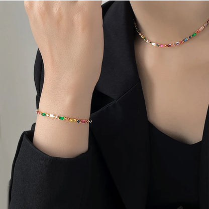 2024 Luxury Design Colorful Zircon Chain Necklace Bracelet Jewelry Sets Korean Fashion Accessories Exquisite Gift for Womens