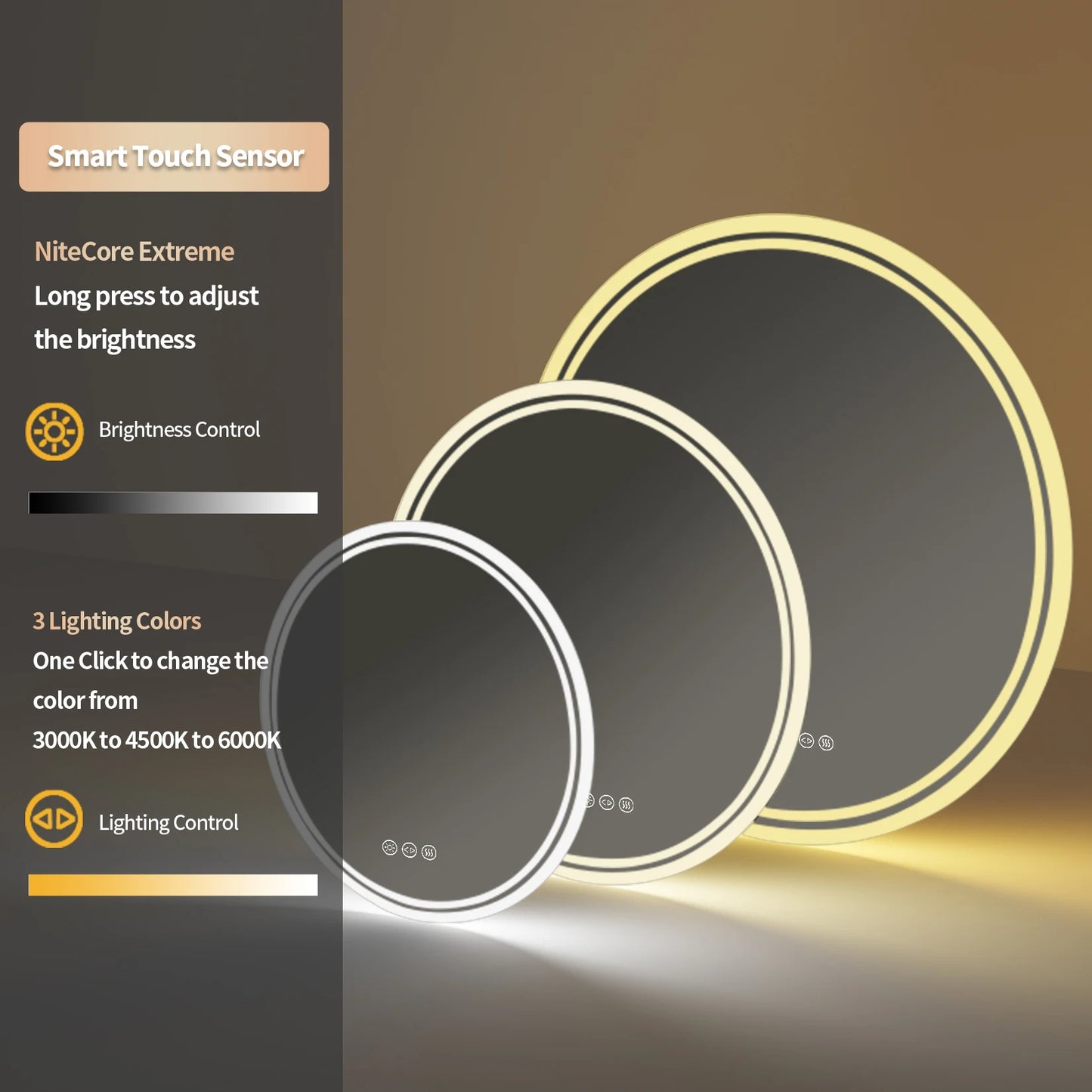 Bathroom Mirror with LED Lights Circle Backlit Illuminated Wall Mounted Lighted Mirror Anti-Fog 3 Colors Change IP65 Dimmable