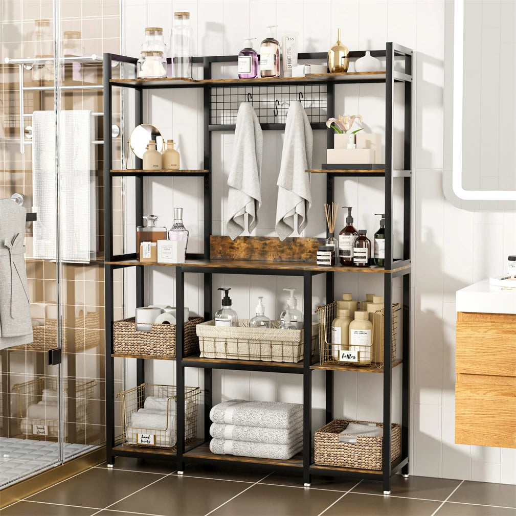 5 Tier Baker's Rack Industrial Microwave Stand Holder Kitchen Storage Rack with Hooks and Shelves for Spices Pots and Pans