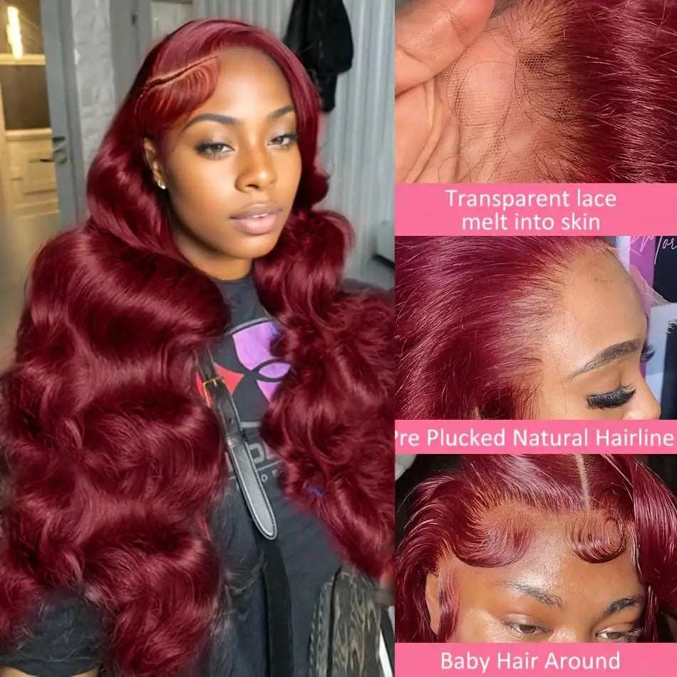 13x4 99J Burgundy Lace Front Wig Body Wave Colored Transparent Lace Wig 13x6 360 Lace Frontal Wig Human Hair Wigs Red Wigs Remy