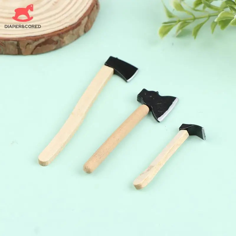 New 3Pcs/set 1/12 Scale Dollhosue Mini Wood Metal Chopper Hatchet Dollhouse Miniature Farming Tools Garden Tools