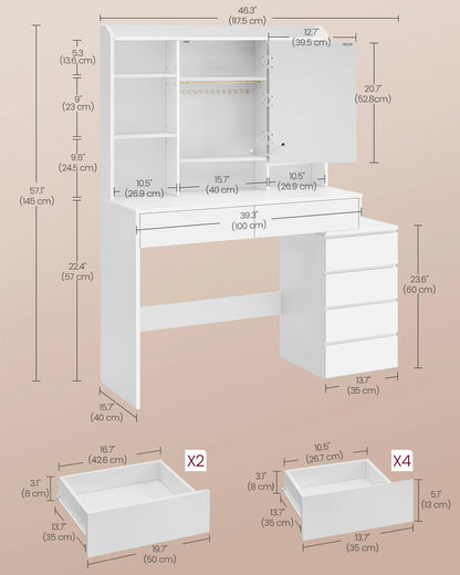 VASAGLE Dressing Table with LED Lights, Adjustable Brightness, 40 x 117.5 x 145 cm,Vanity Table with Mirror, Drawers