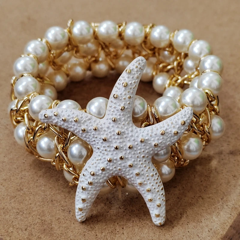 Trendy luxury  Starfish  Flower Elastic Pearl  Bracelet Bangle Jewelry For Women Party Gift