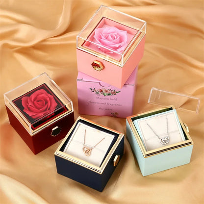 2024 New Valentine's Day Gift  Custom for Women Double Heart Engraved Name Steel Necklace Eternal Rose Box Wedding Ring Box