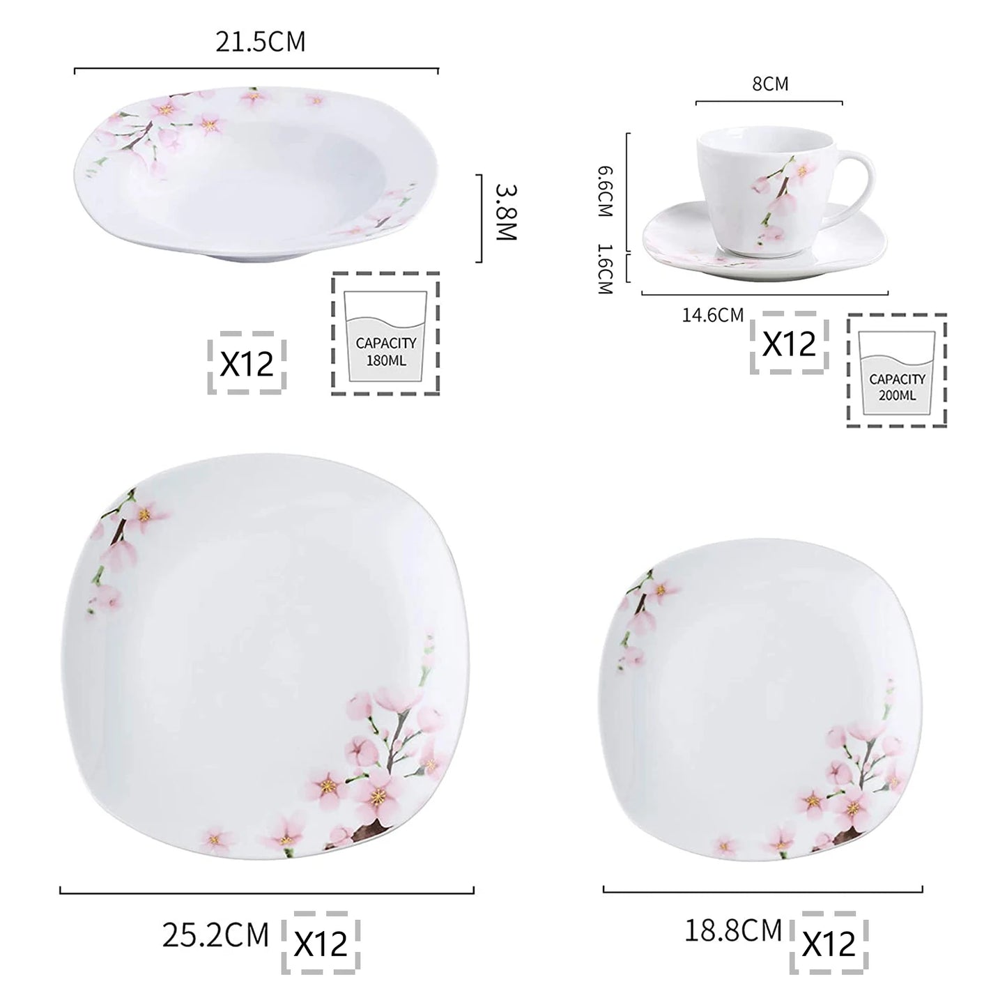 VEWEET 30/60-Piece White Ceramic Pink Floral Porcelain Plate Set with 5PCSDinner Soup Dessert Plate ,Cups Saucers for 12 Person