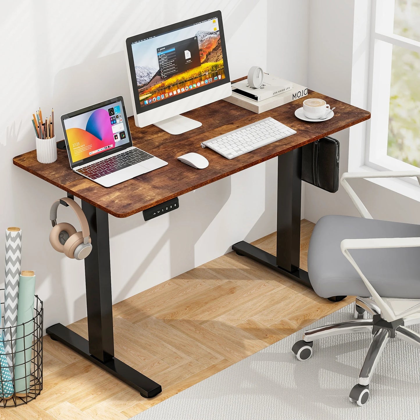 GOFLAME Electric Height Adjustable Standing Desk, 120 x 60cm Ergonomic Rising Computer Desk with 3 Memory Heights