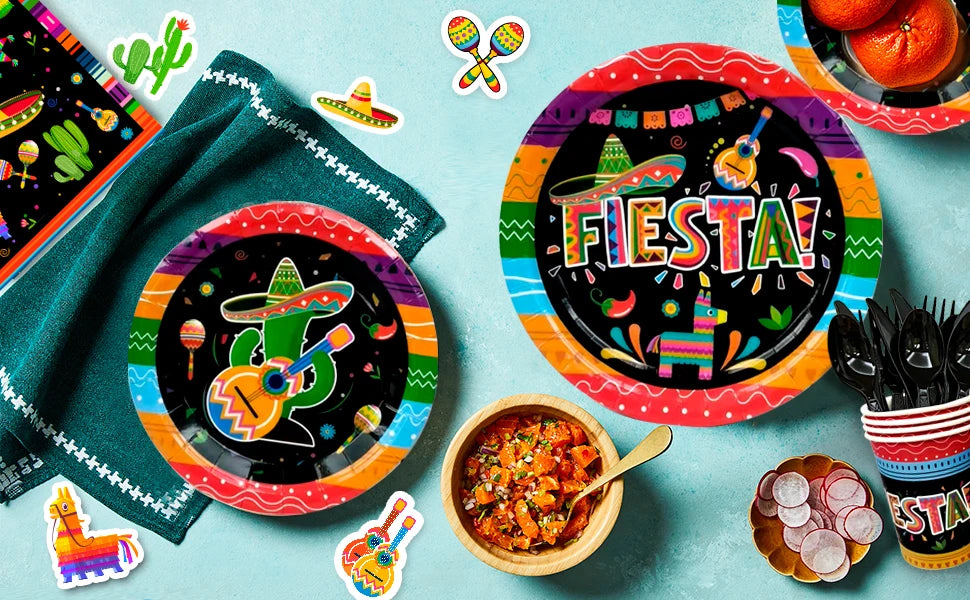 Mexican Themed Fiesta Party Supplies,161pcs Paper Tableware Set Includes Mexican Fiesta Plates Cups Napkins etc for 20 Guests