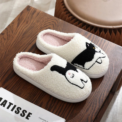 Plush Cow Cat Slippers Cute House Slippers Non-Slip Fluffy Pet Cat Slippers Comfortable Warm Couple Slippers for Bedroom Indoor