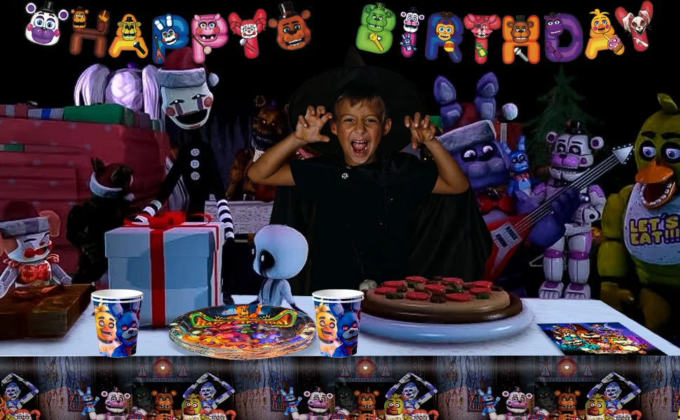 Fnaf Birthday Party Supplies,128pcs Five Nights at Freddy's Birthday Decorations&Tableware Set-Plates and Cups Tablecloth Banner