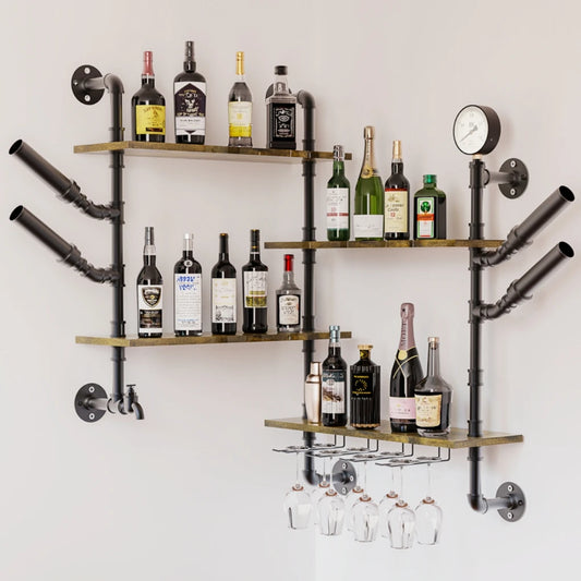 Pipe Bar Liquor Shelf, Floating Shelves with Wine Glass Holder, Wall Black Shelving Unit for Living Room and Kitchen