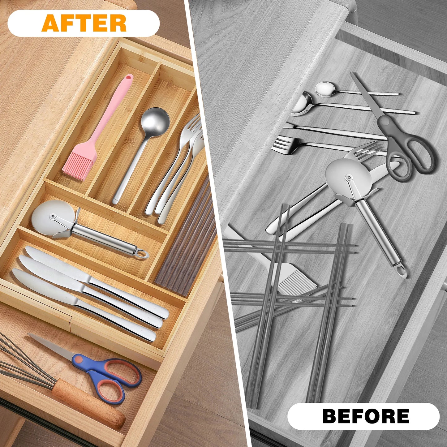 VickyHome Extendable Bamboo Cutlery Tray Kitchen Drawer Organiser 6-8 Storage Compartments