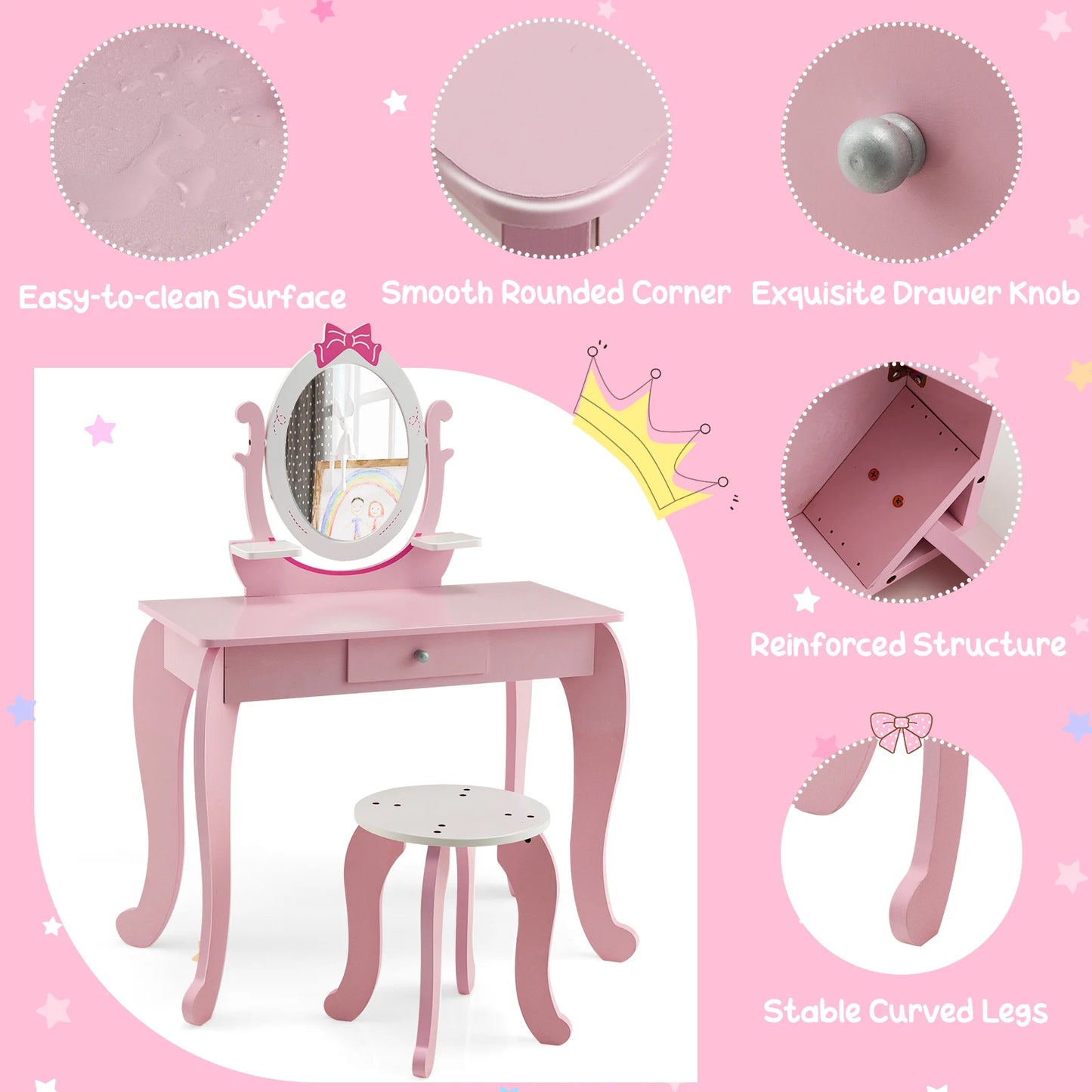 GOFLAME 2-in-1 Kids Vanity Table Set, Princess Pretend Play Makeup Table w/ Stool