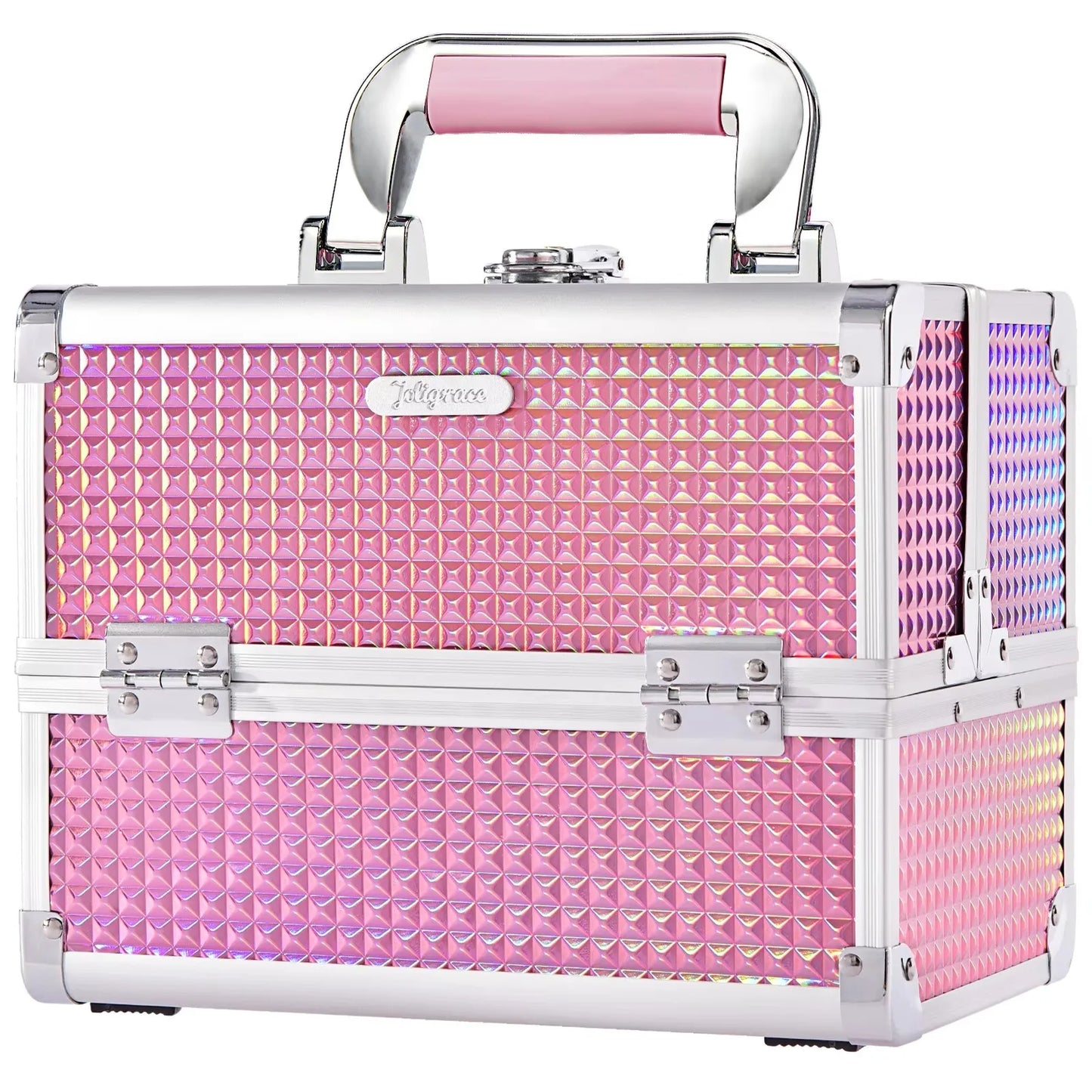 Portable Makeup Case with Mirror 2 Trays Lock Alloy Make-up Suitcase Travel Cosmetic Jewelry Nails Storage Box for Manicure Tech