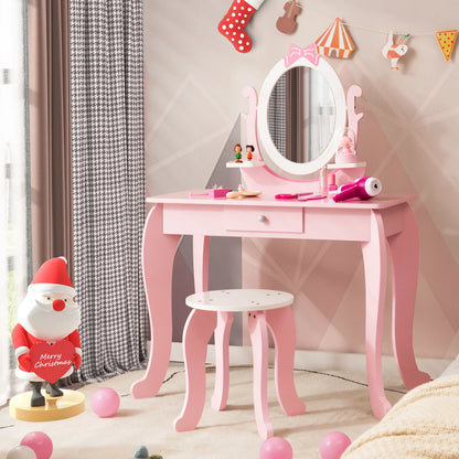 GOFLAME 2-in-1 Kids Vanity Table Set, Princess Pretend Play Makeup Table w/ Stool