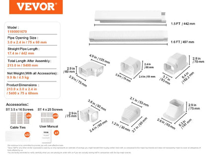 VEVOR Mini Split Line Set Cover PVC Decorative Pipe Line Cover For Air Conditioner Easy to Install Paintable for Heat Pump White