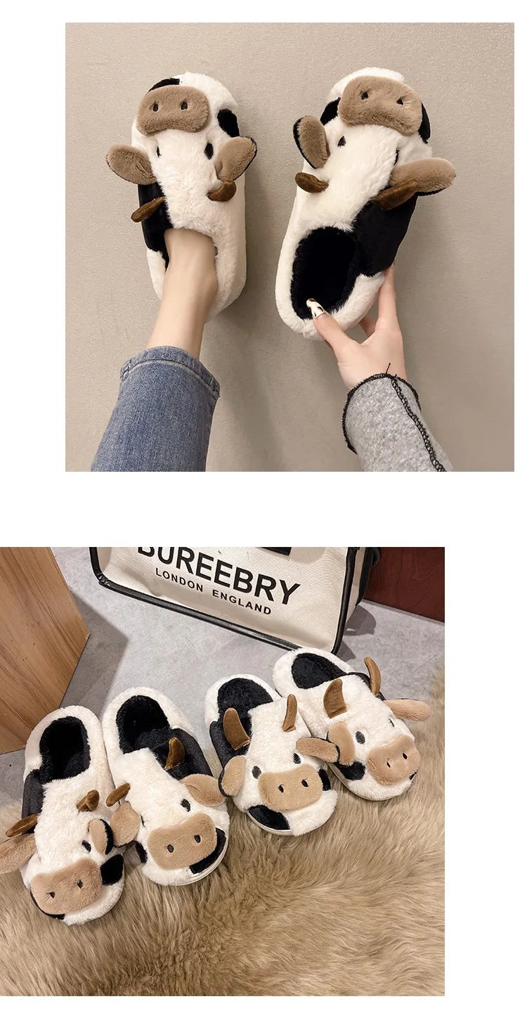 Pallene Women Winter Fur Fuzzy Slippers Cute Cartoon Cow Plush Slippers Indoor Warm Comfy House Slides Soft Casual Cotton Shoes