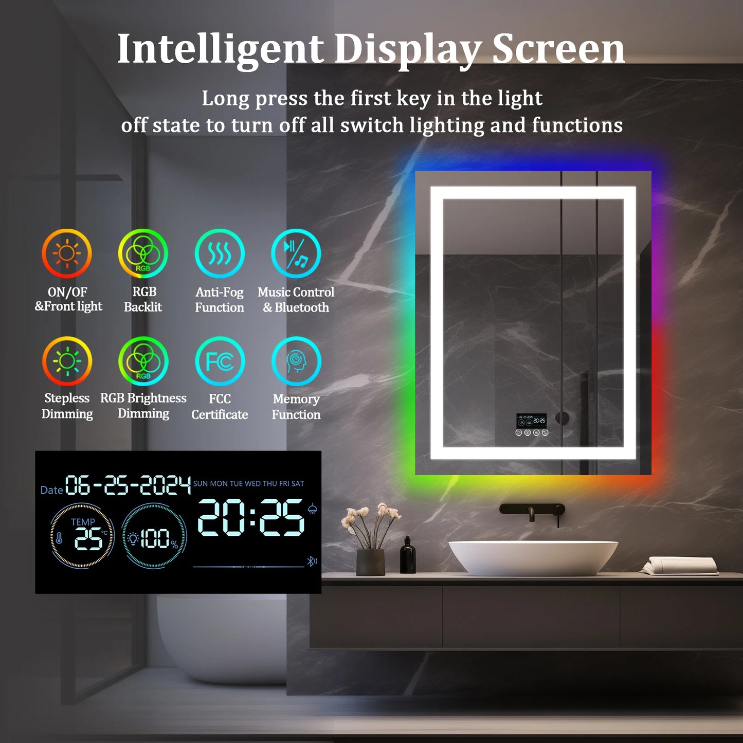 Round/Sqaure RGB LED Bathroom Mirror with Bluetooth Speaker Front-lit and Backlight Wall Dimmable Antifog  Vanity Mirror