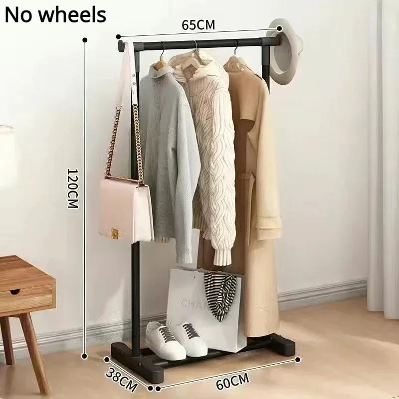 Simple Rolling Clothes Rack Double Layers Floor Standing Coat Hanger Stand Large Assembled Wardrobe Shoe Shelves Home Furniture