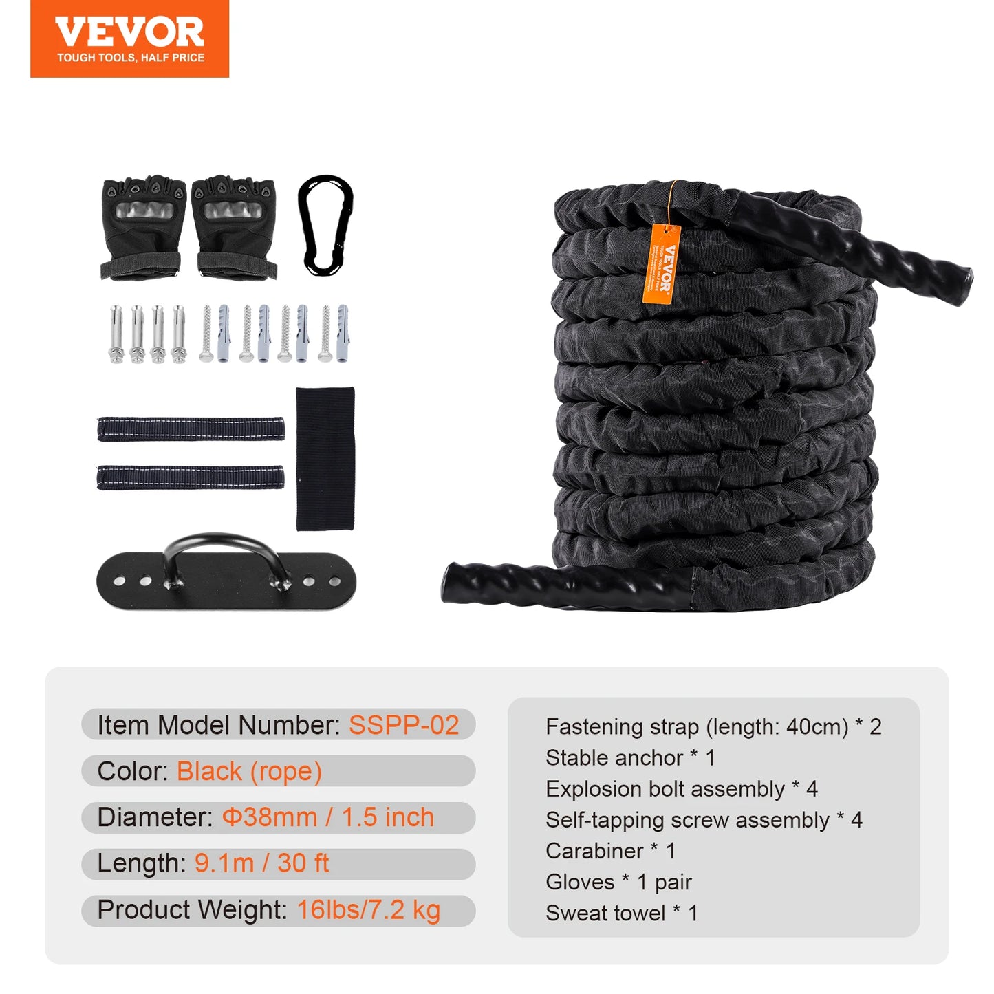 VEVOR Battle Rope Polyester Exercise Rope Battle Exercise Equipment with Protective Sleeve and Anchor Heavy Weighted Pull Rope