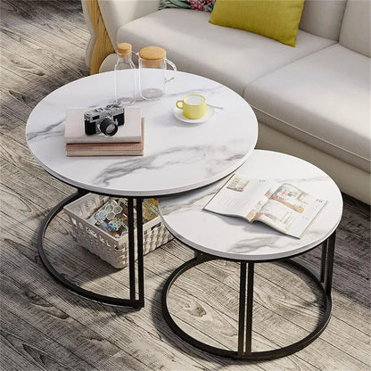 Nesting Coffee Table, Set of 2 Accent Tables, White and Gray Marble Top, Dual-Support Frame, Stacking Side Desk