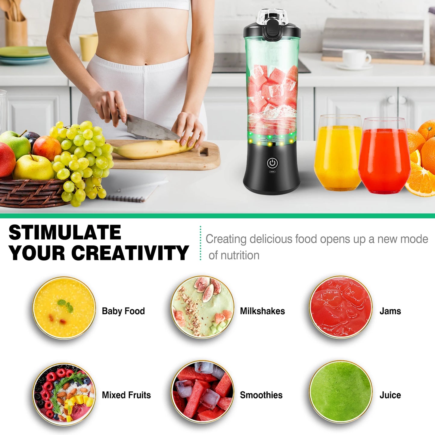 Professional 2In1 USB Rechargeable 600ML Portable Blender Electric Juicer Fruit Mixer Mini Blender for Smoothie Personal Juice