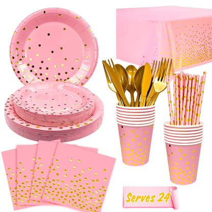 Pink and Gold Party Supplies 193 pcs/Serves 24 Pink and Gold Birthday Dinnerware Set- Pink and Gold Birthday Plates Cups etc