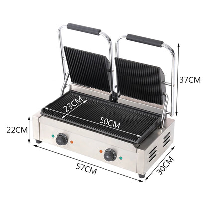 3.6KW Double Commercial Sandwich Press Grill with Knob Temperature Control for Cooking Sandwiches, Sausages, Eggs and Pancakes