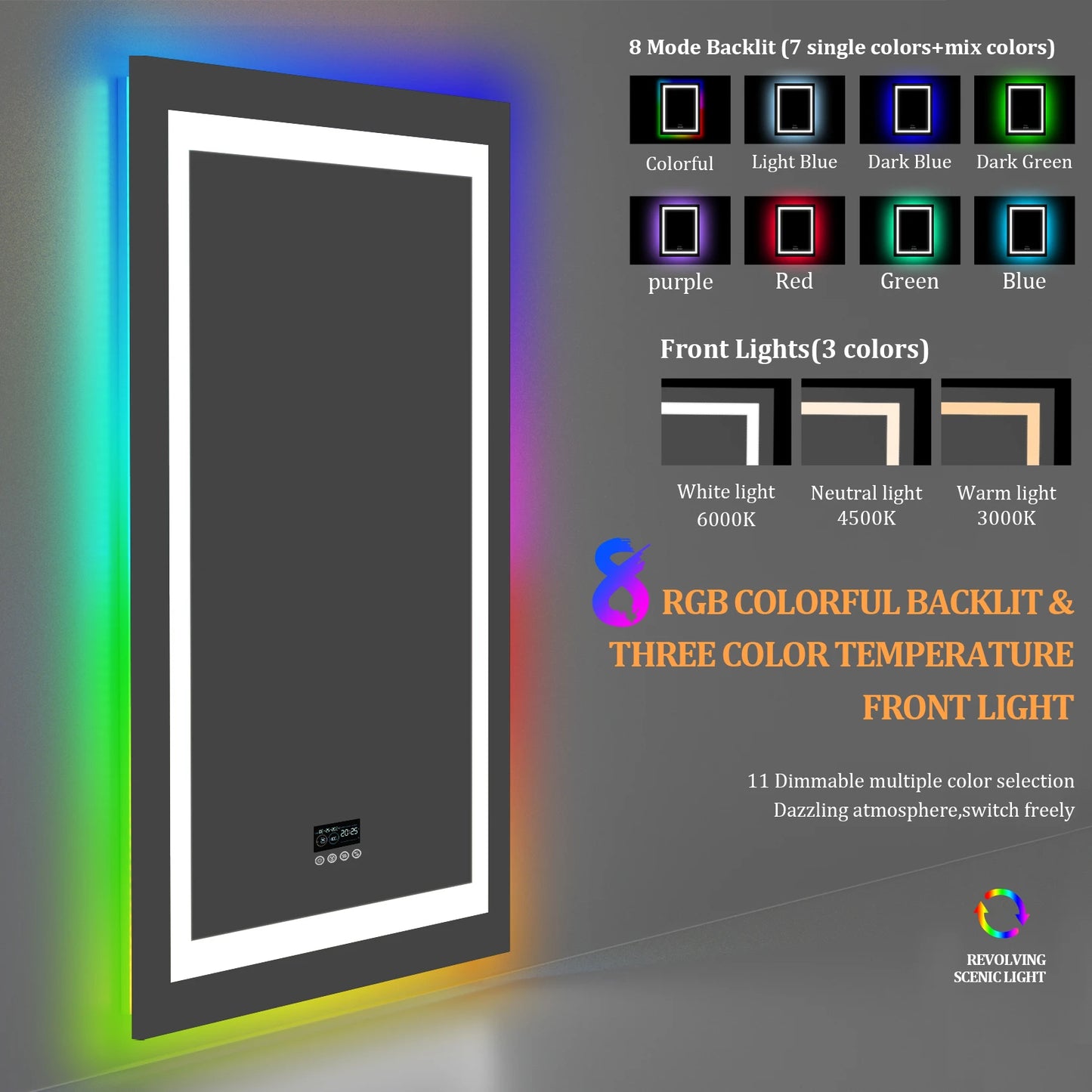 Round/Sqaure RGB LED Bathroom Mirror with Bluetooth Speaker Front-lit and Backlight Wall Dimmable Antifog  Vanity Mirror