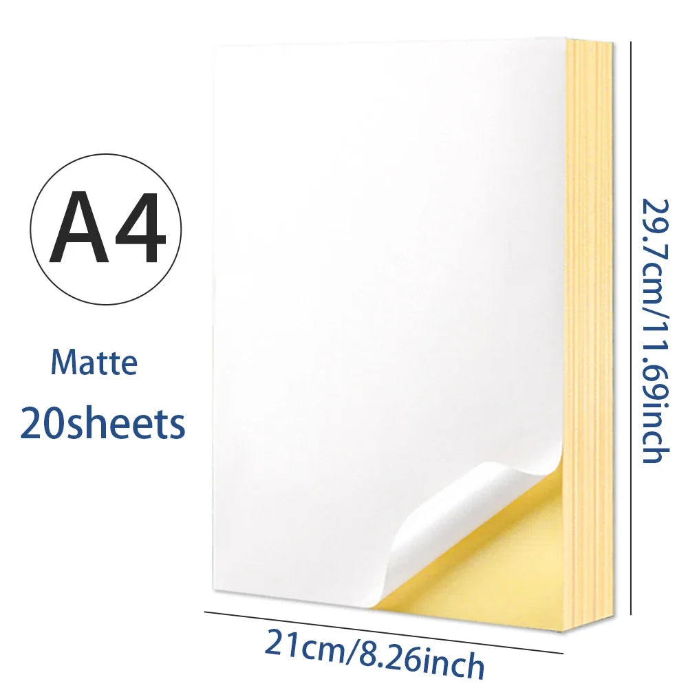 20 Sheets A4 White/Kraft Printable Sticker Self Adhesive Sticker Label Matte glossy Paper Sheet for Laser Inkjet Printer Copier