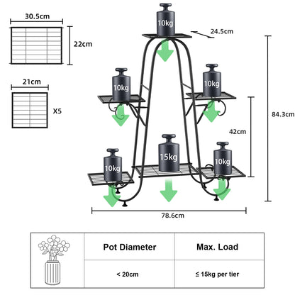6 Tier Metal Plant Stand, Garden Patio Flower Rack, Step Design, Outdoor, Indoor, Wrought Iron