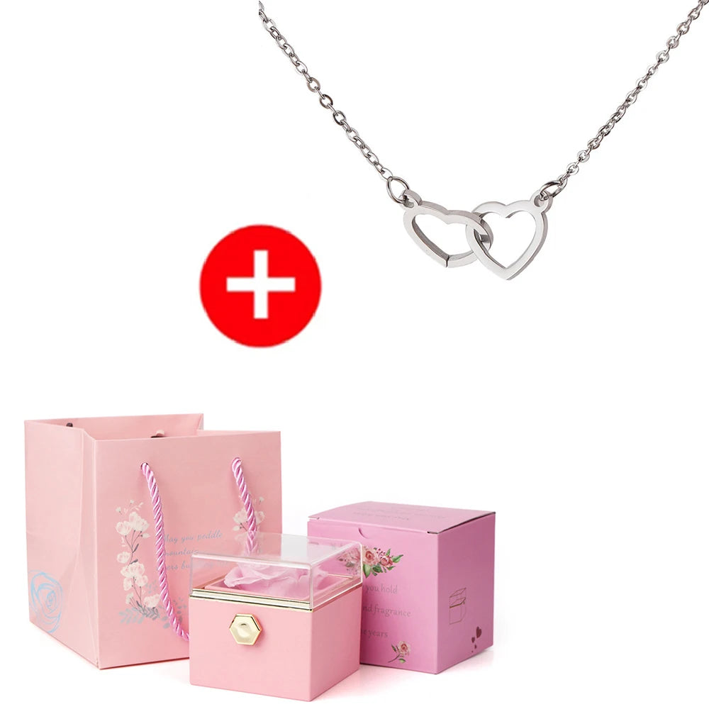 2024 New Valentine's Day Gift  Custom for Women Double Heart Engraved Name Steel Necklace Eternal Rose Box Wedding Ring Box