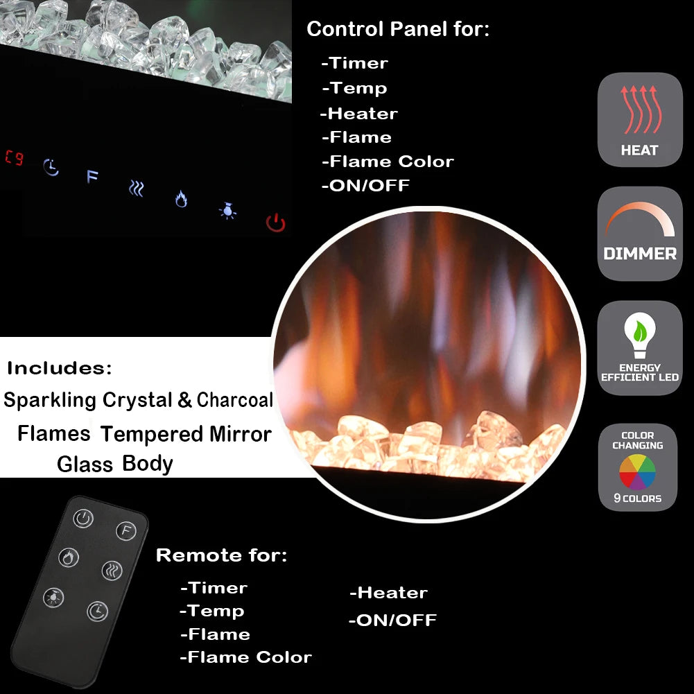 KOMORE Recessed/Wall Mounted Electric Fireplace Adjustable Flame with Remote 12 Colours Flames Automatic Shutoff Mechanism