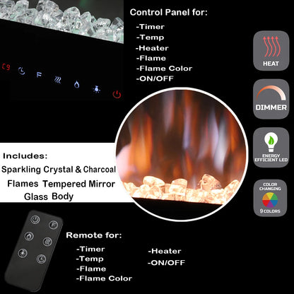 KOMORE Recessed/Wall Mounted Electric Fireplace Adjustable Flame with Remote 12 Colours Flames Automatic Shutoff Mechanism